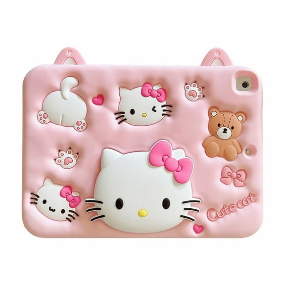 Cartoon Cute Kids Tablet Case For iPad Mini 1 2 3 4 5 6 7 Air 11 6 Pro 10.2 10.9 inch iPad Air 11inch M3 (2025) Silicone Kitty Cat Rotate Bracket Tablet Cover