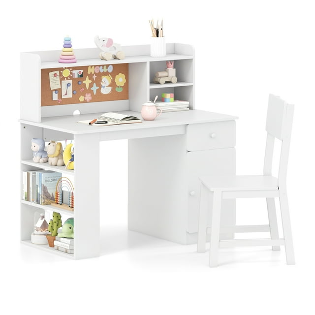 Gymax Kids Desk & Chair Set w/Chair Hutch 3-Layer Side Shelf Storage Cabinet