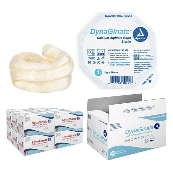 Dynarex DynaGinate Calcium Alginate Wound Dressing - Sterile, Non-Stick Topical Wound Pads - Absorbent Gel Patches For Moderate To High Exuding Cuts - For Medical & Home Use - 2g x 30cm, 1 Case of 60