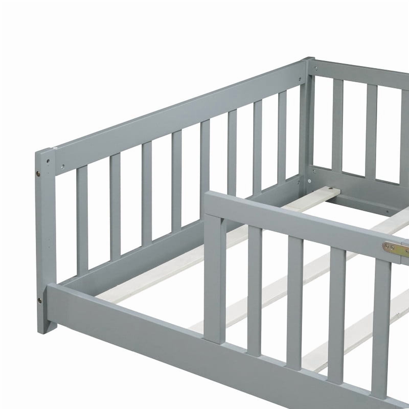 Mirightone Twin Size Floor Bed, Wood Montessori Floor Beds with Fence Railings and Slats Support, Twin Playhouse Bed Frame, No Box Spring Needed, (Grey)