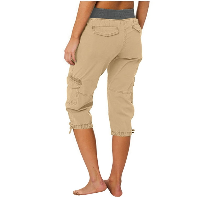 Cargo Pants for Women Capri Cargos High Waisted Streetwear Summer Casual  Lounge Capris Slacks with Multi Pockets (3X-Large, Khaki) 