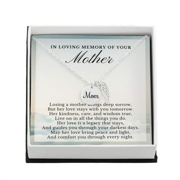 In Loving Memory of Your Mother, Remembrance Poem, Mom Memorial Angel Wing Necklace Gift
