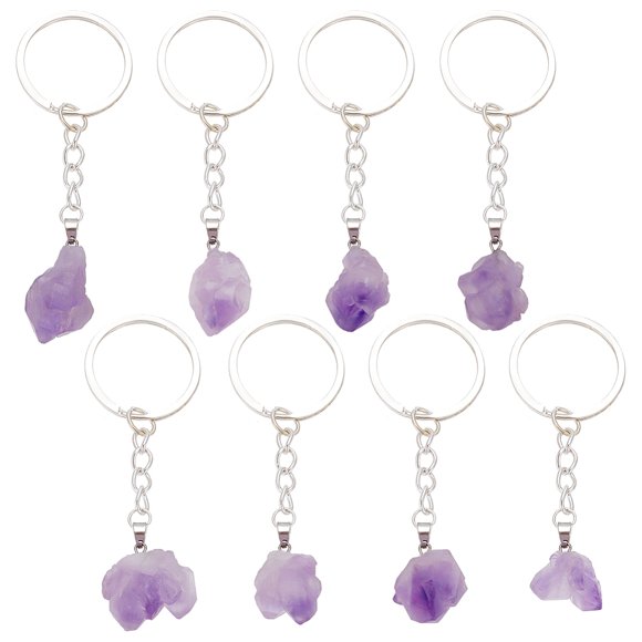 8Pcs Nuggets Natural Amethyst Pendant Keychain with Iron Findings 2.1~3.3cm
