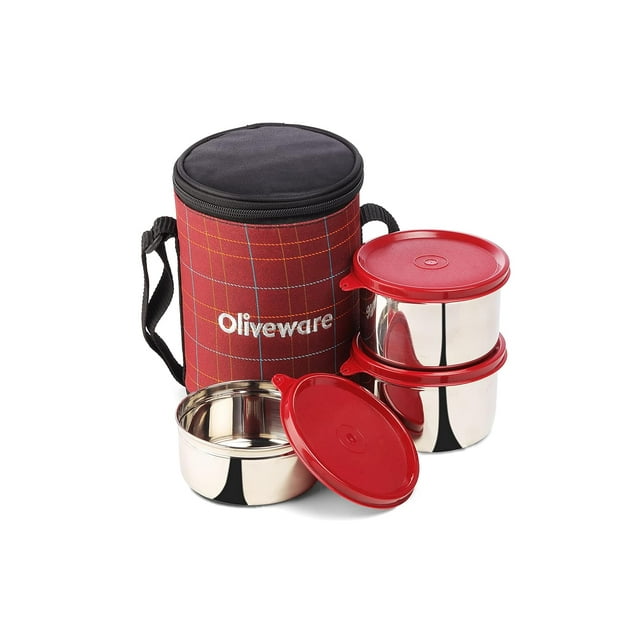 SOPL-OLIVEWARE Boîte à Lunch Absolue, 100% Étanche, 3 Récipients en Acier Inoxydable avec Couvercles Sans BPA (2x600ml & 450ml), Sac en Tissu - Rouge