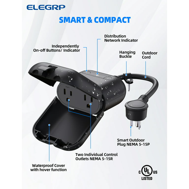 ELEGRP Outdoor Smart Plug, Smart Wi-Fi Outlet with Individually 2