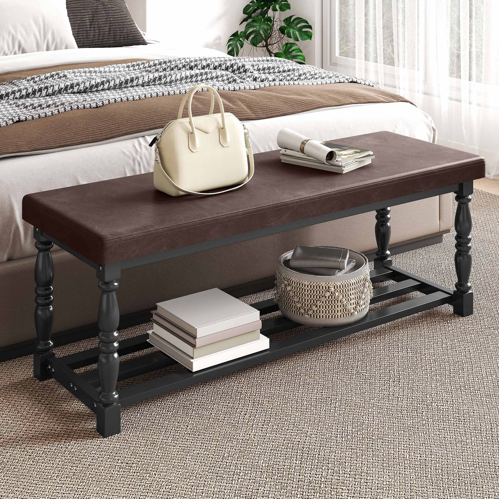 Uforic 48" Rectangular Shoe Bench with Shelves, Storage & Cushioned  Seat,Shoe Rack with Roman Style Legs - Black & Brown
