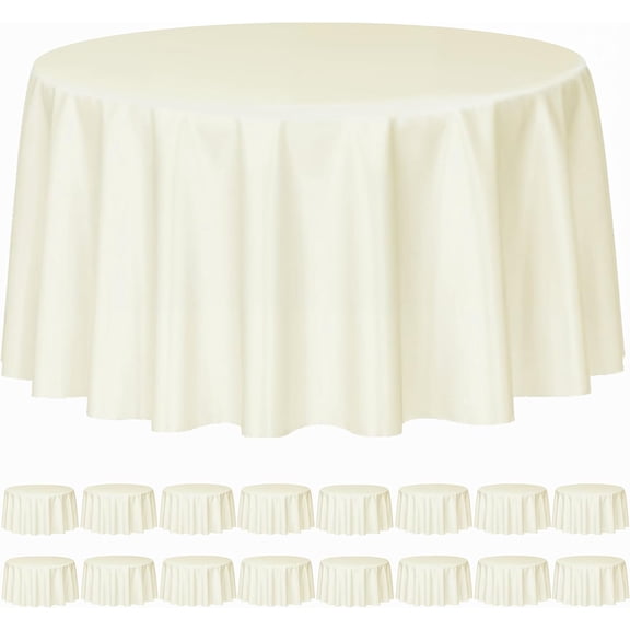 16 Pack Beige Plastic Tablecloths for Round Tables, 84 Inch Round Disposable Table Covers, Waterproof Decorative Plastic Table Cloth for Party Wedding Birthday Events