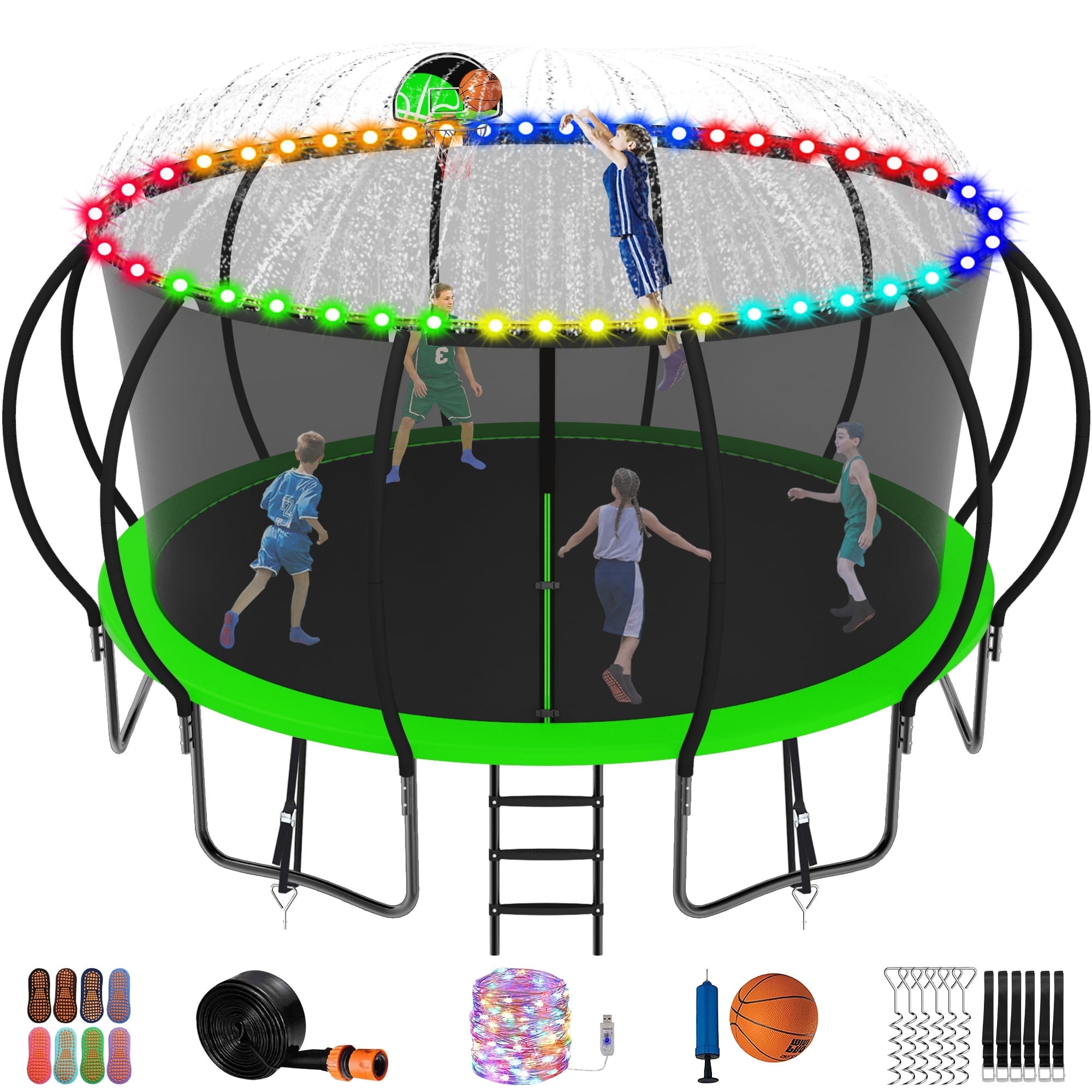 Jump Into Fun Trampoline 16FT, 1500LBS Trampoline for Kids and Adults with Enclosure, Basketball Hoop, Wind Stakes, LED light, Sprinkler and Socks, Outdoor Galvanized Full Spray Round Trampoline