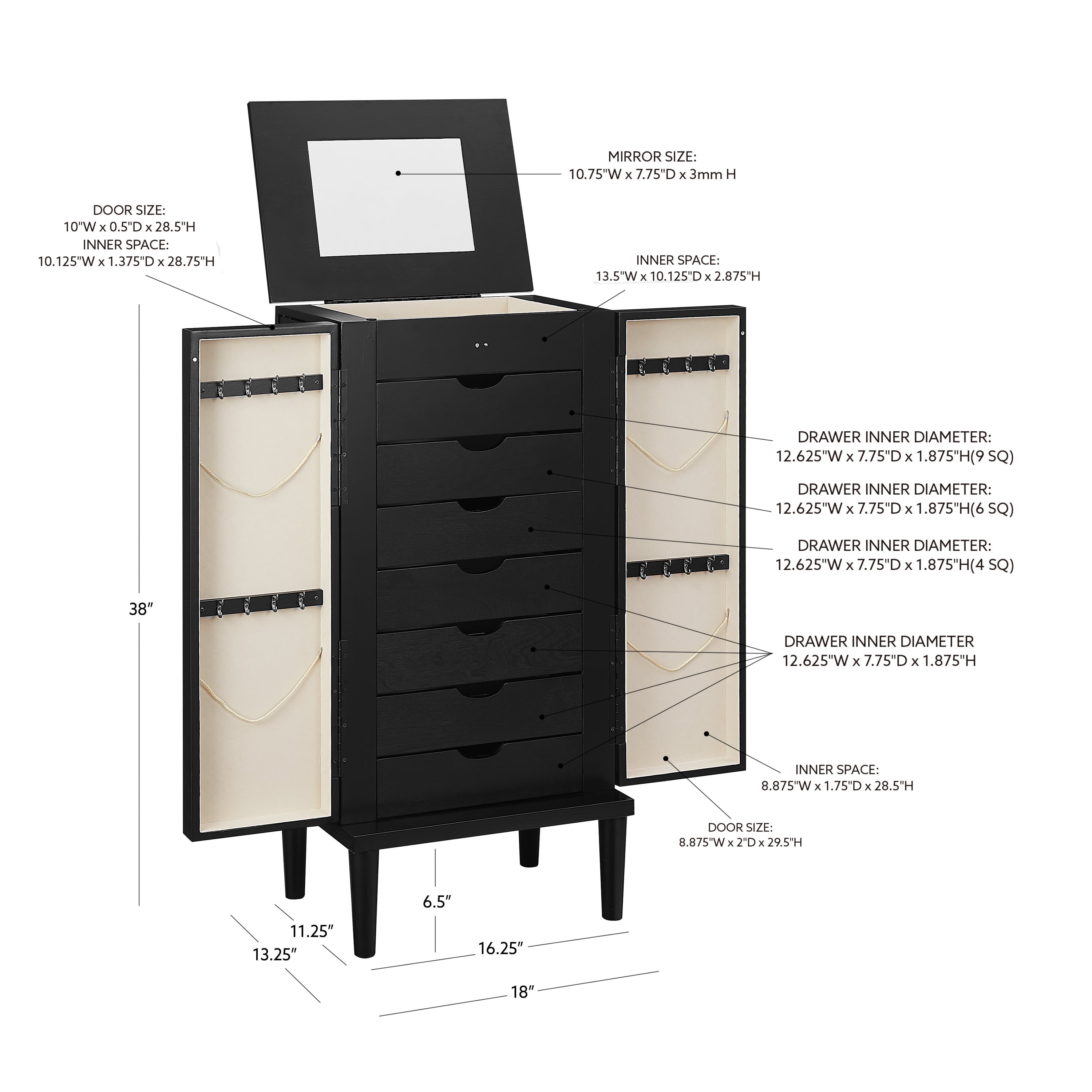 Powell Alicent Free Standing Jewelry Armoire with Hidden Mirror, Black