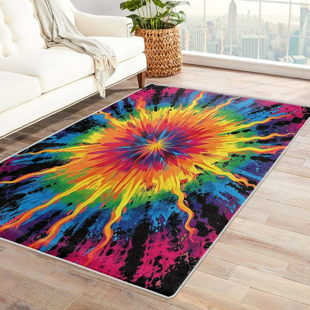 Tie Dye Rug & Home Decor - Living Room Rug, Colorful Psychedelic Rugs for Bedroom, Washable Rugs, 6x8 Rug, Non Slip Soft Large Indoor Area Rug, Multicolor Ombre Carpet & Room Decorations X-&222