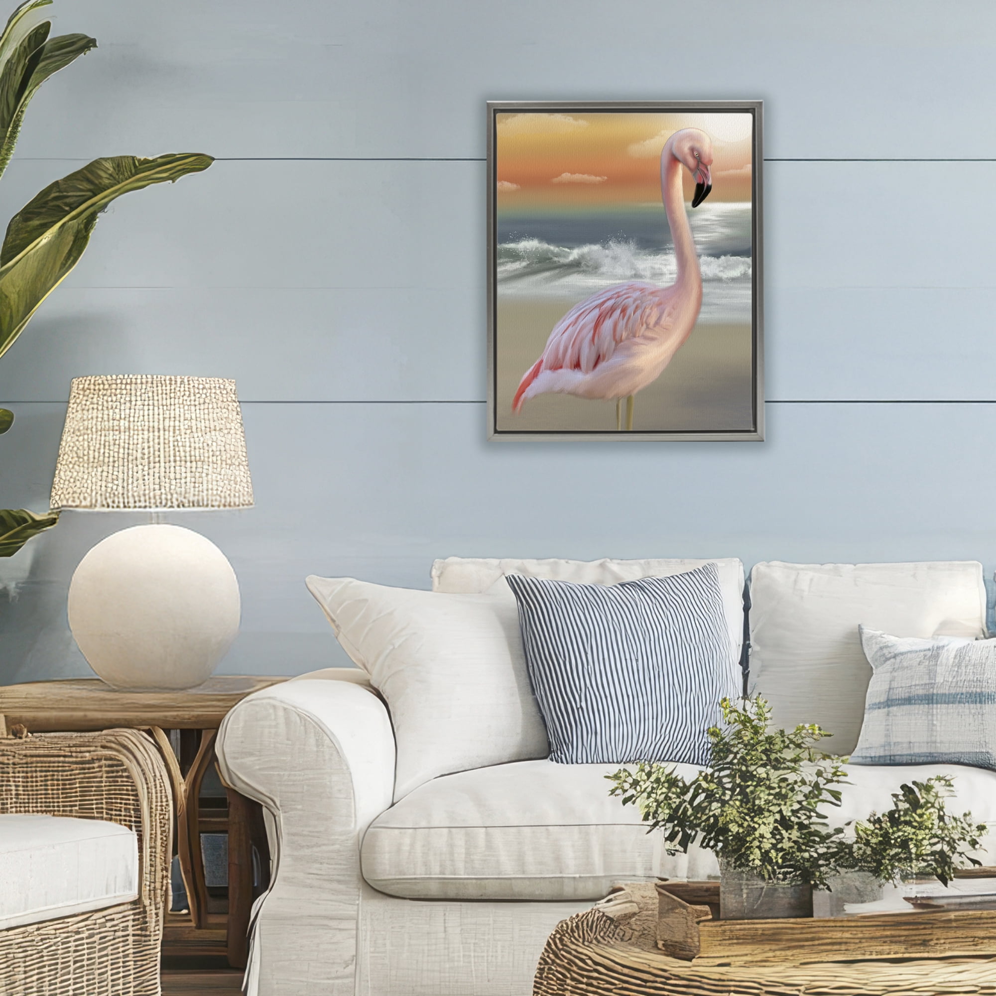 Stupell Industries Coastal Beach Flamingo Gray Framed Floater Canvas Wall Art, design by Matthew Piotrowicz