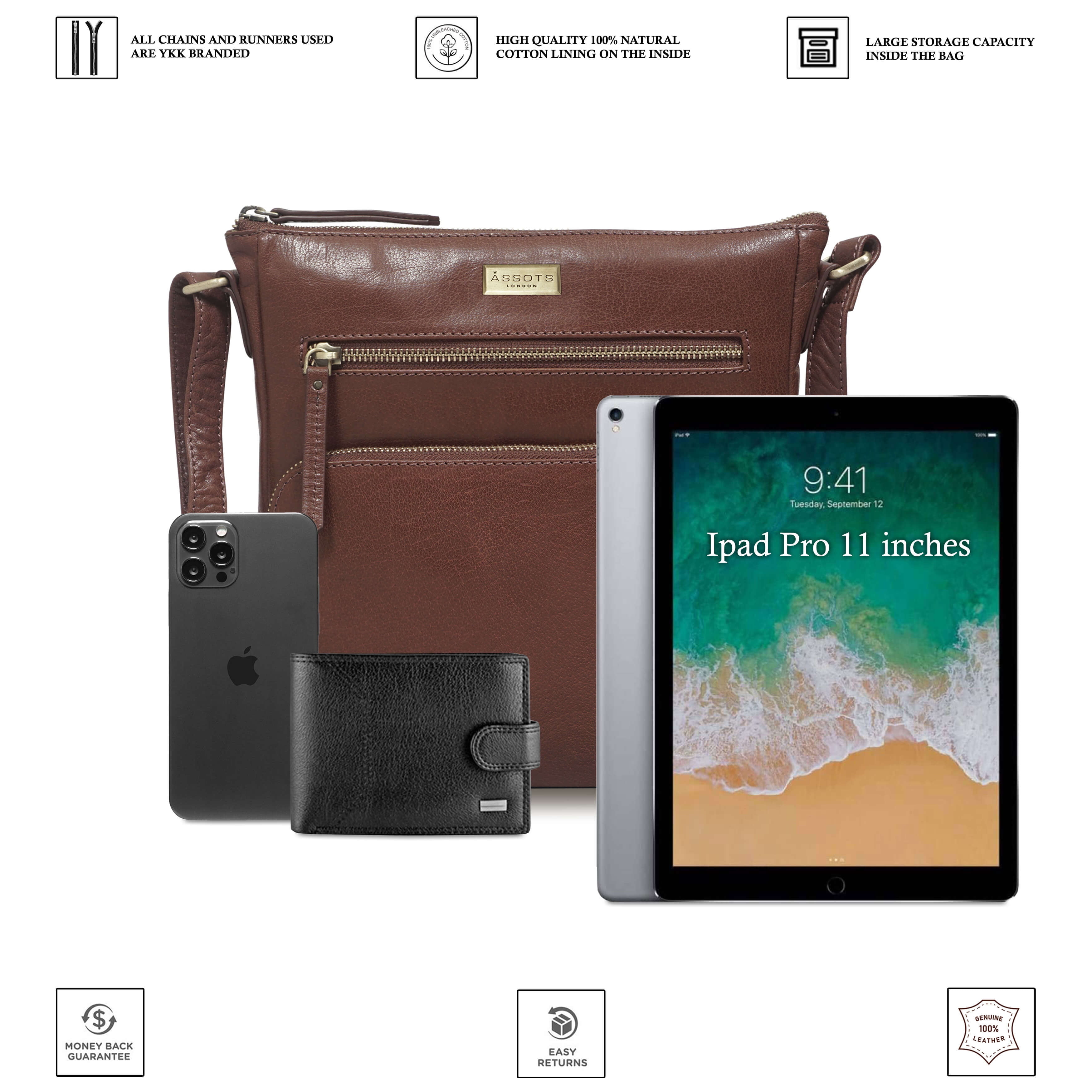 ASSOTS Genuine Leather Crossbody Bag Large Purse with Adjustable