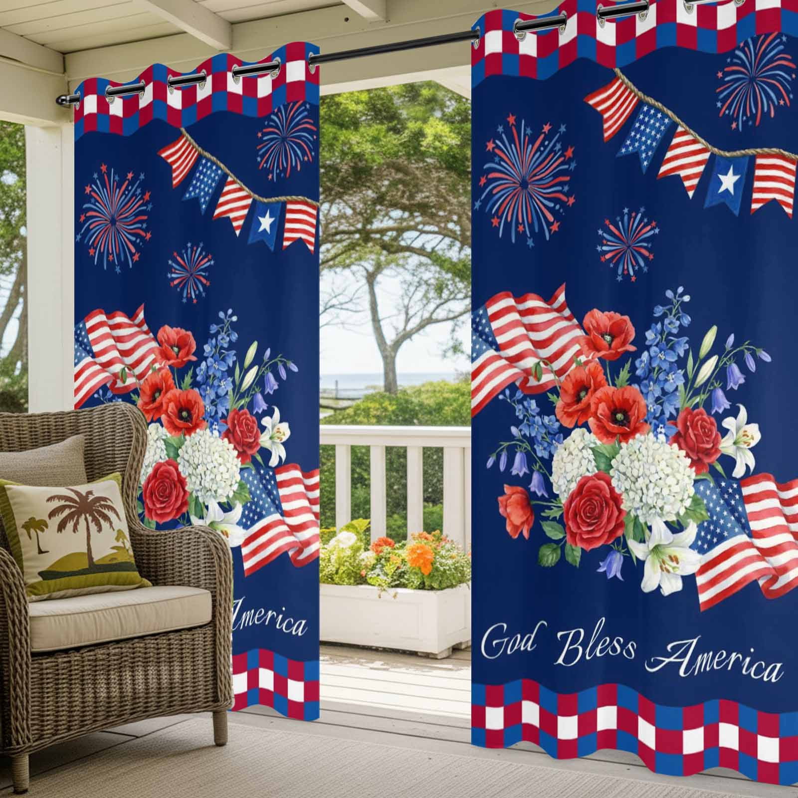 Independence Day Outdoor Curtains for Patio, Red Blue USA Flag Floral Fireworks Dark Blue Sunshade Privacy Drapes Grommet Waterproof Outside Curtains for Porch/Cabana/Balcony 54"x 108", 1 Panel