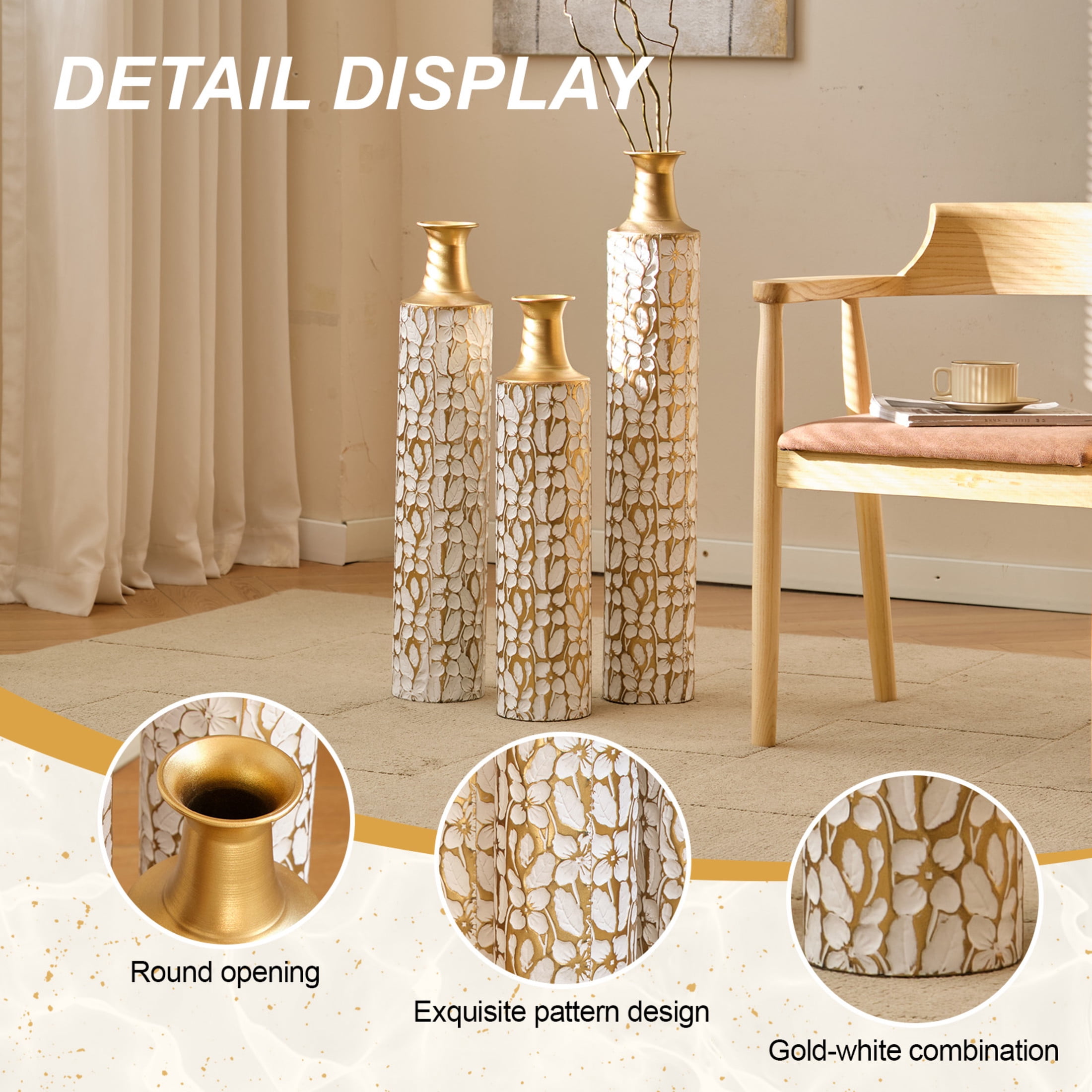 Noble House 32.3", 28", 24" Metal Floor Vase Set of 3, Leaf Pattern, Gold + White