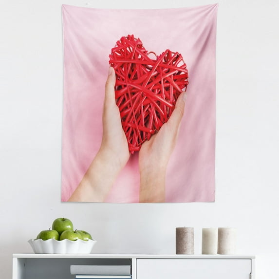 Love Tapestry, Scribble Heart in Hands Photo on Pinkish Pastel Background Valentine's Day, Fabric Wall Hanging Decor for Bedroom Living Room Dorm, 5 Sizes, Rose and Dark Coral, by Ambesonne