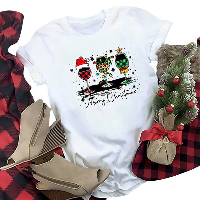 WEAIXIMIUNG T-Shirt Décontracté de Noël pour Femmes Imprimé Verre Rouge Col Rond Manches Courtes