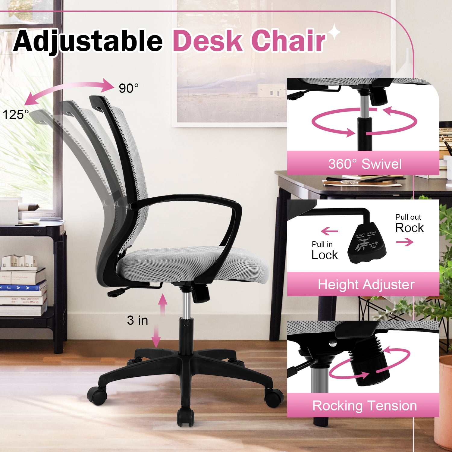 Mid-Back Office Chair, Ergonomic Computer Chair Adjustable Desk Chair with Armrest, Rolling Swivel Chair for Home&Office, Easy to Assemble, Grey