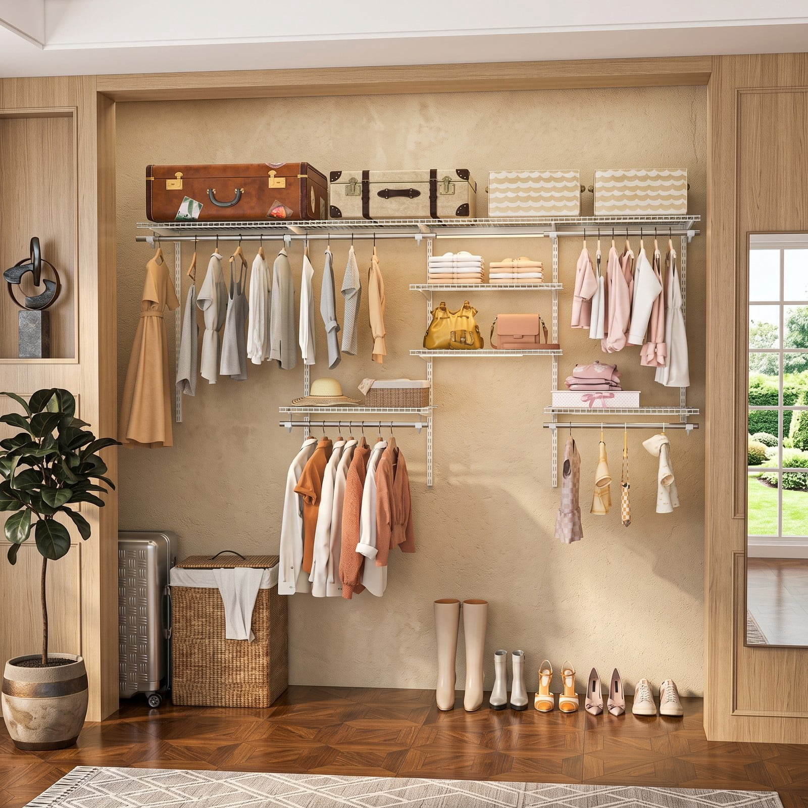 Furnibear 4 to 8 FT Wall Mounted Closet Organizer System with 7 Shelves and 5 Hanging Rods for Bedroom and Laundry Room, White