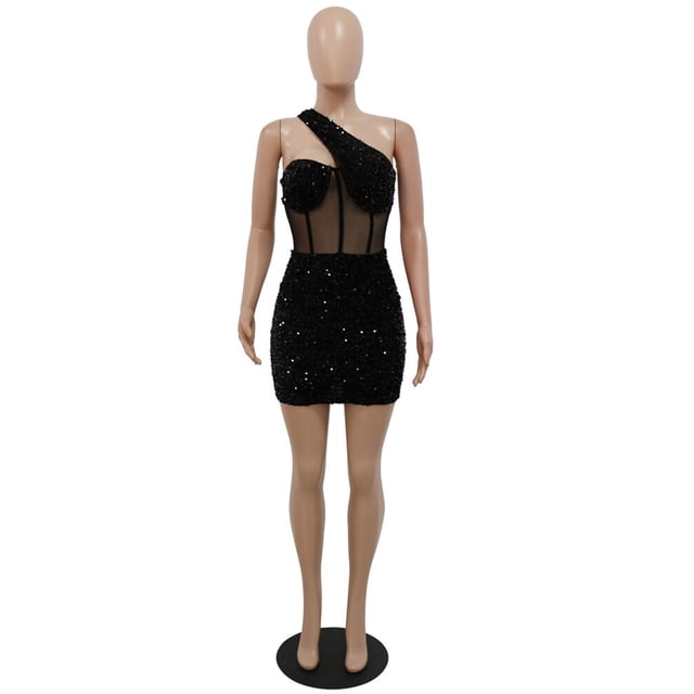 Kricesseen Sexy Glitter Sequined Mesh Patchwork Mini Dress Summer Women Sleeveless One Shoulder Bodycon Night Clubwear DressXXL Gao Jinjia LED