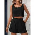 thumbnail image 4 of Womens 2 Piece Outfits Lounge Matching Sets Two Piece Linen Shorts Crop Tops Trendy Clothes Summer Vacation Set Black S, 4 of 7