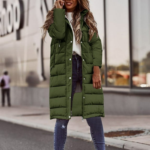 BLTIBY Long Puffer Jacket for Women Quilted Hooded Button Down Zip Up Long Sleeve Outerwear Padded Solid Colour Winter Coat 2024 Army Green 4XL