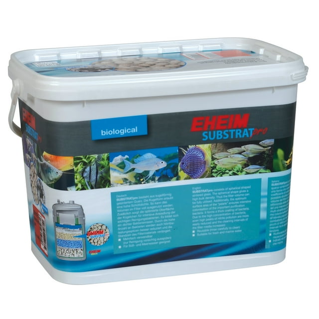 Eheim Substrat Pro Biologique Filter Media - 5 L, un Contenant Rectangulaire Blanc avec Couvercle Sécurisé, Conçu pour les aquariums d'Eau Douce et d'Eau Salée. l'Emballage Présente des images Colorées de Poissons et de Plantes Aquatiques, Ainsi Que des Détails sur le Produit Mettant en Valeur Son Matériau en Verre Éclaté Hautement Poreux pour une purification Optimale et la Colonisation des Bactéries.