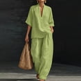 thumbnail image 2 of Domzest Two Piece Linen Sets for Women Short Sleeve V Neck Tunic Top Matching Wide Leg Pants Casual Loose Outfits With Side Pockets Green 2XL, 2 of 6