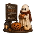 thumbnail image 2 of Halloween Wooden Ghost Tabletop Figurine, Cute Ghost with Scarf Holding Pumpkin, "Home Sweet Haunted Home" Sign, Fall Porch Decor, Autumn Indoor Outdoor Resin Statue for Mantel Shelf, 2 of 8
