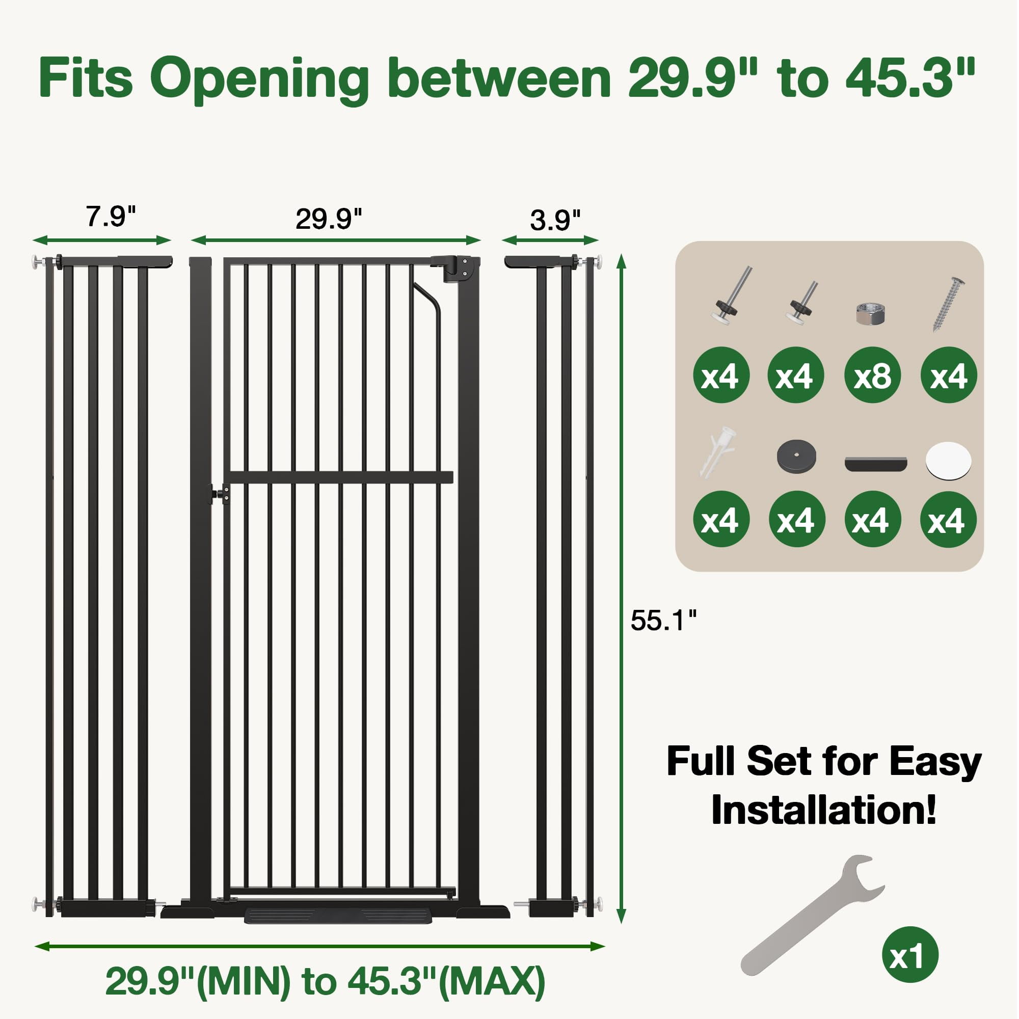 Cofiyard 55" Extra Tall Pet Gate, Dog Gate with 1.37" Gap,Adjustable 29.9"-45.3" Wide Metal Cat Gate, Auto Close Pet Gate for Doorway, No Drilling,Black