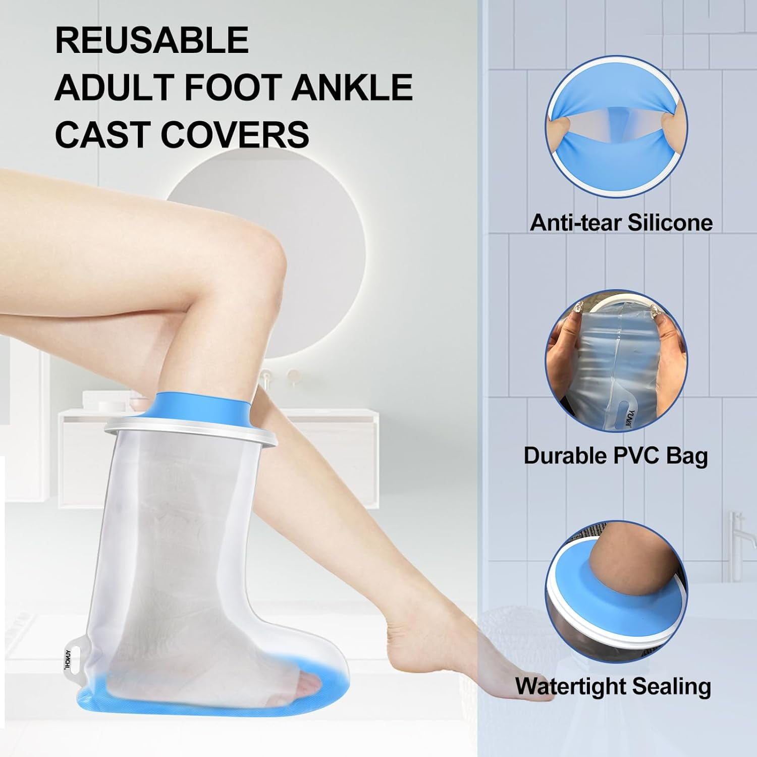 YUNCHI Adult Waterproof Foot Cover for Shower with Slip Resistant Sole, Reusable Foot Cast Protector, Shower Boots for Ankle and Foot Surgery