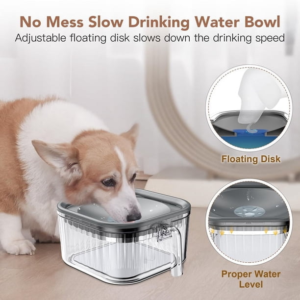 Tazón de Agua para Perros de 2,5 L, Antiderrames, de 86 Oz, A Prueba de Derrames, para Beber Lentamente, Comedero Transparente para Mascotas Antisalpicaduras y Sin Ensuciar