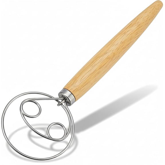 Danish Dough Whisk Stainless Steel Wooden Handle for Sourdough Bread Pizza and Pastry Making