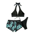 thumbnail image 3 of Seyurigaoka 3Pcs Women's Summer Beach Bikini, Leaf Print Tie-Up Halter Bra + Low-Rise Panties + Elastic Waist Shorts, 3 of 9