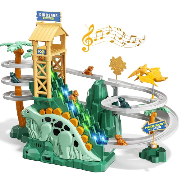 Dinosaur Climbing Slide Stair Toy, Racing Track Game Set with Light and Music, 5 Cars, for Toddlers 3-8
