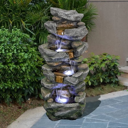 hommetree 4-Tier 40" Stacked Simulated Rock Water Fountain with LED Lights