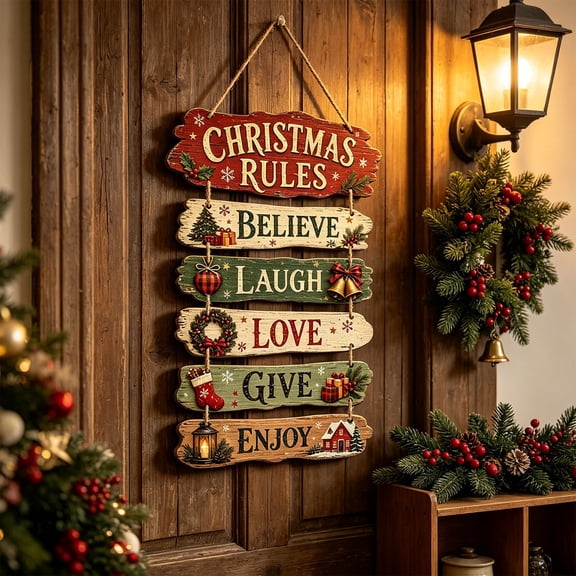 Christmas Rules Wooden Hanging Sign Rustic Farmhouse Holiday Wall Decor with Believe Laugh Love Give Enjoy, Xmas Plaque (11.8In)