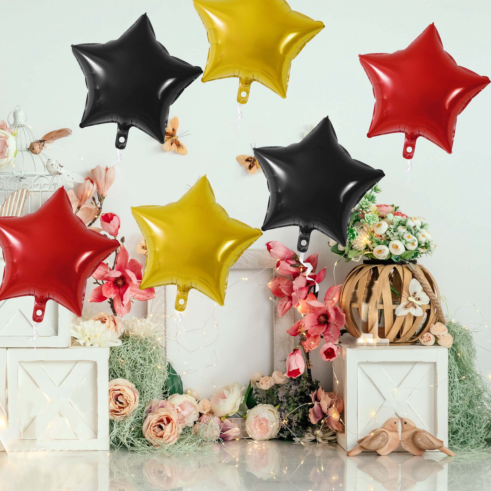 Unique Bargains 10Pcs Helium Balloons with Ribbon Star Pattern Black Red Gold Tone