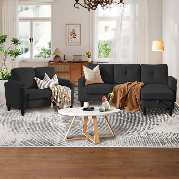 Pingliang Home Living Room Furniture Set,Corduroy Sectional Sofa Couch with Storage Ottoman and Loveseat,3 Seater L-shaped Sofa and 2 Seater Small Couch for Home Apartment Studio Office