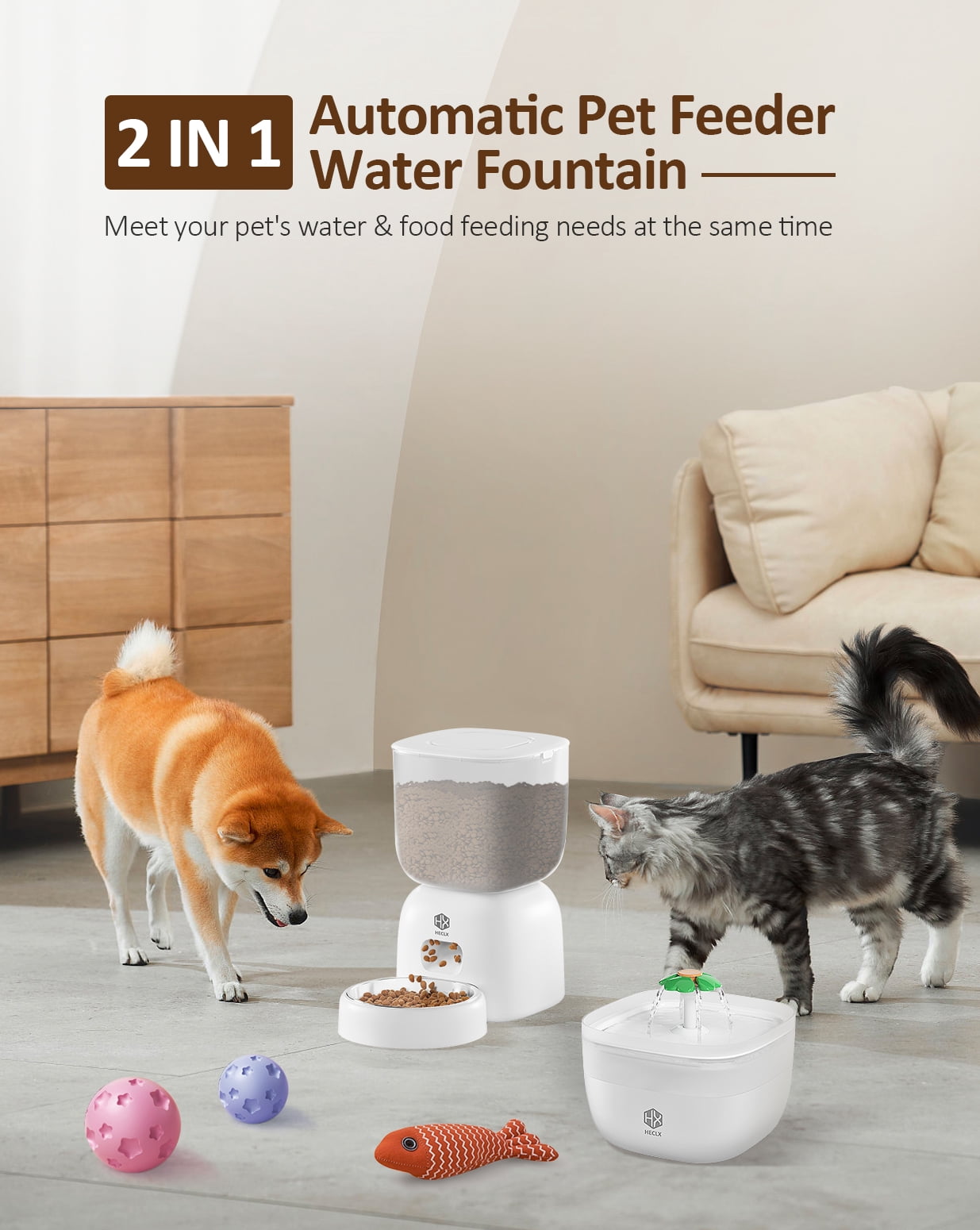 Automatic Cat Feeder and Water Dispenser Set with Pet Food Bowl, Smart Cat Food Timer Automatic Feeder, Locking Lid, Voice Recorder (White)