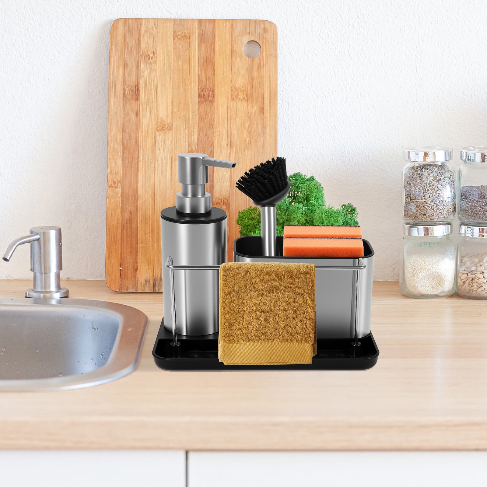 Kitchen Detergent Dispenser Stainless Steel Set with Brush Soap Dispenser and Sponge Holder Divided Storage Design for Galley