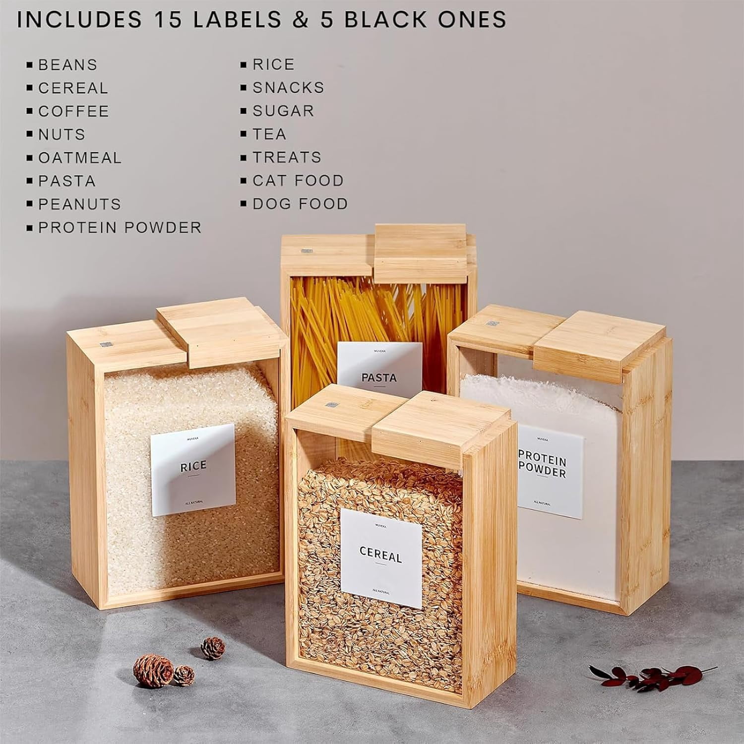 Wooden Cereal Storage Box, Airtight Pantry Bins Container with Lids, Dry Food Dispenser Large Capacity 101oz, for Kitchen, Square Pantry Organization with Labels for Sugar, Nut, Coffee Bean, Tea (3)
