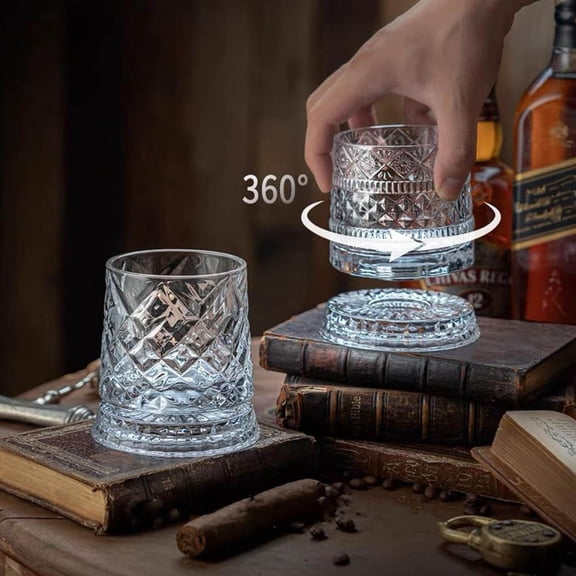 Spinning Whiskey Glasses Set, 360 Degree Rotating Old Fashioned Crystal Tumbler with Unique Relief Base, Rotatable Cocktail Wine Cup for Flavor, Drinking Glassware & Bar Accessories