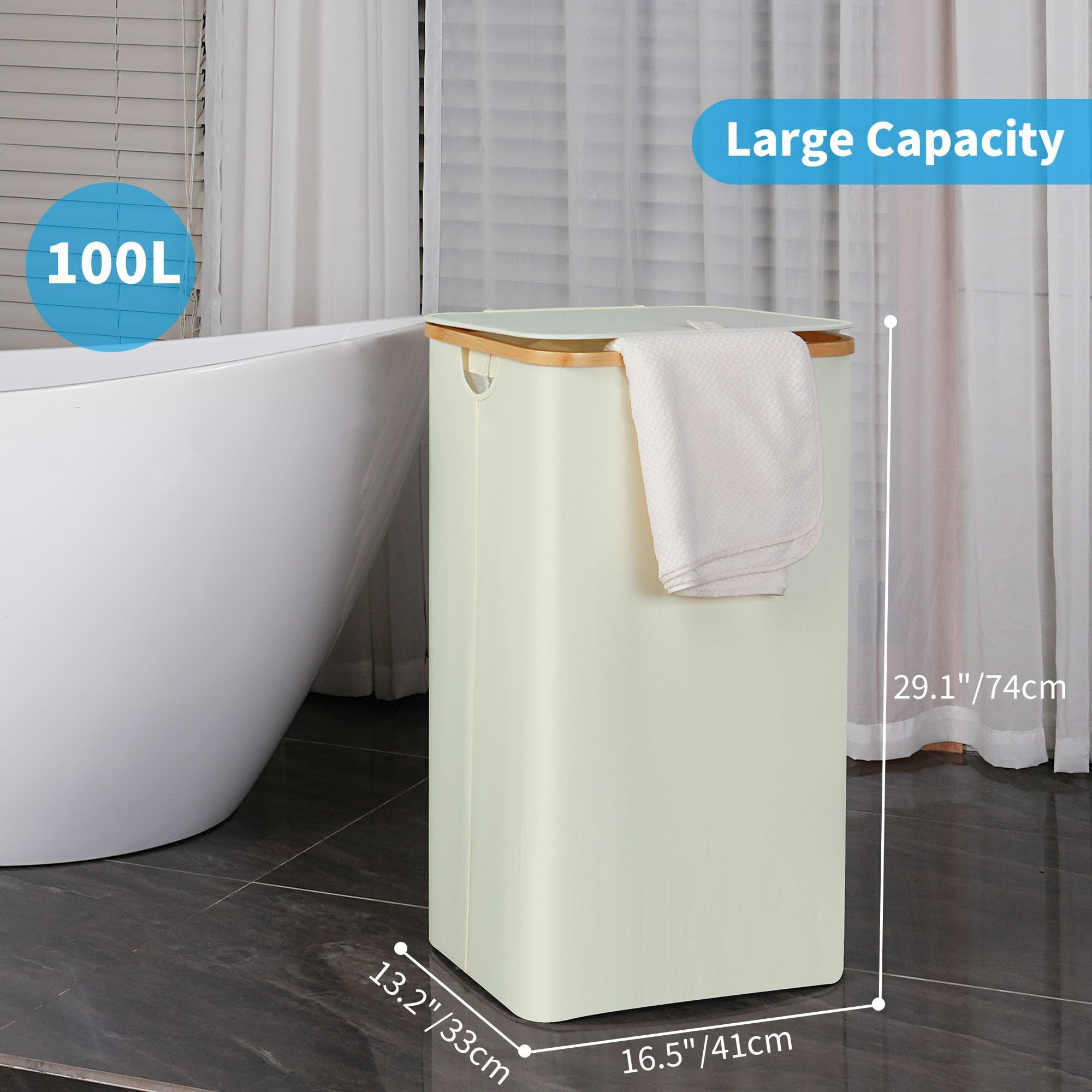 Efluky Laundry Hamper with Lid, 100L Tall Laundry Basket with Bamboo Handles for Clothes and Toys, Collapsible Laundry Hamper with Inner Bag for Bedroom and Bathroom, Beige