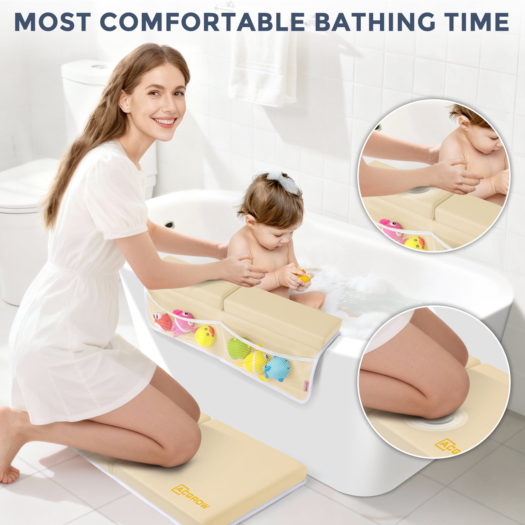 ACGROW Bath Kneeler and Elbow Rest Pad Set - 1.5" Thick Baby Bath Kneeler Pads with Toys Organizer, Anti-Slip Cozy Knee & Arm Support Bathtub Mat, Quick Dry Kneeling Pad for Baby Bath Time Yellow