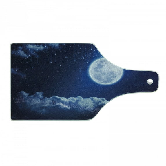 Moon Cutting Board, Full Moon Mysterious Falling Stars Heavens Clouds Elements of Universe, Decorative Tempered Glass Cutting and Serving Board, Wine Bottle Shape, Indigo Blue White, by Ambesonne