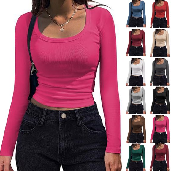 Kamentoy Women's Long Sleeve Crop Tops Ribbed Knit Y2k Scoop Neck Slim Fit Basic Going Out Shirts For Fall Everyday Wear