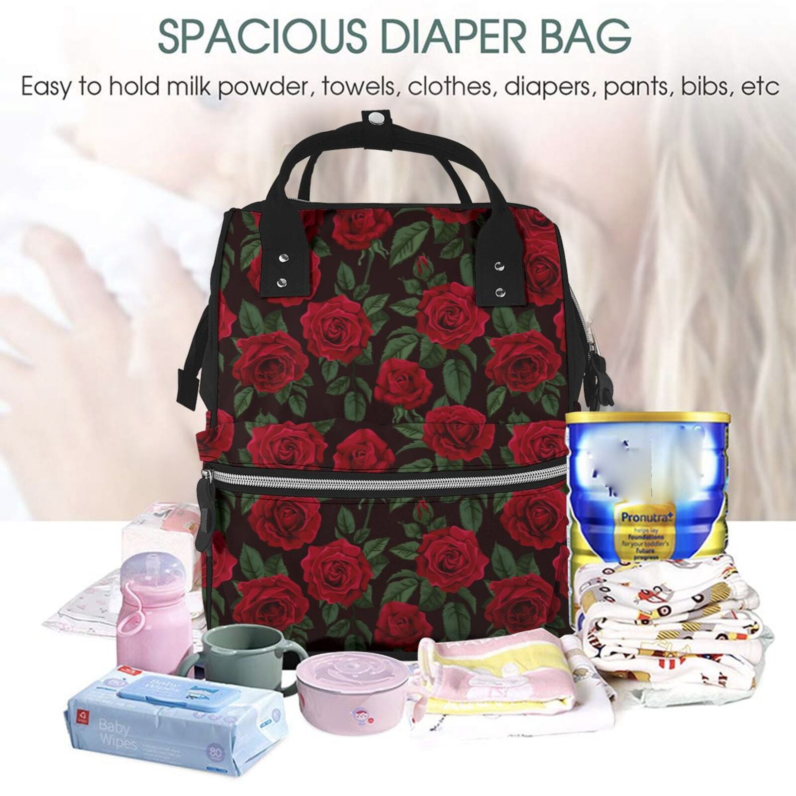 Ratiio Rose Mummy Backpack - Waterproof Twill Canvas, Large Capacity Diaper Bag with Multiple Pockets and Adjustable Straps
