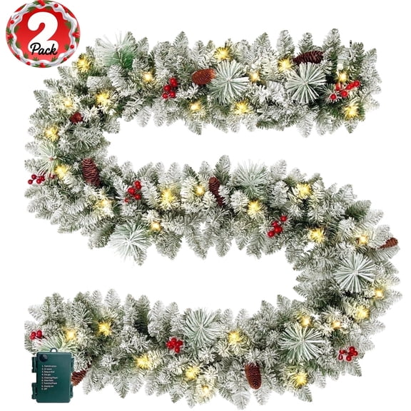 2 Pack 9ft Pre-Lit Snow Flocked Christmas Garland with 160 LED Lights w/ 8 Modes & Timer for Outdoor Indoor Xmas Decoration Fireplace Mantle Stairs Doorway Railings Decor, Battery Operated