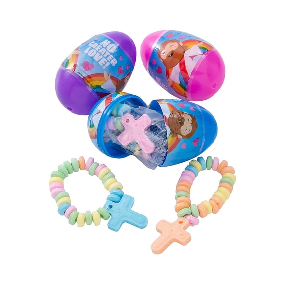 Fun Express 3 Inch Religious Cross Candy Bracelet-Filled Plastic Easter Eggs, 24 Count