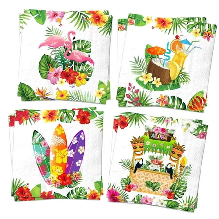 Bestwell 40Pcs Tropical Party Napkins, Hawaiian Party Supplies Beach Holiday Cocktail Paper Napkins Tropical Leaves Flamingo Napkins for Table Decorations, Hawaiian Birthday Summer Pool